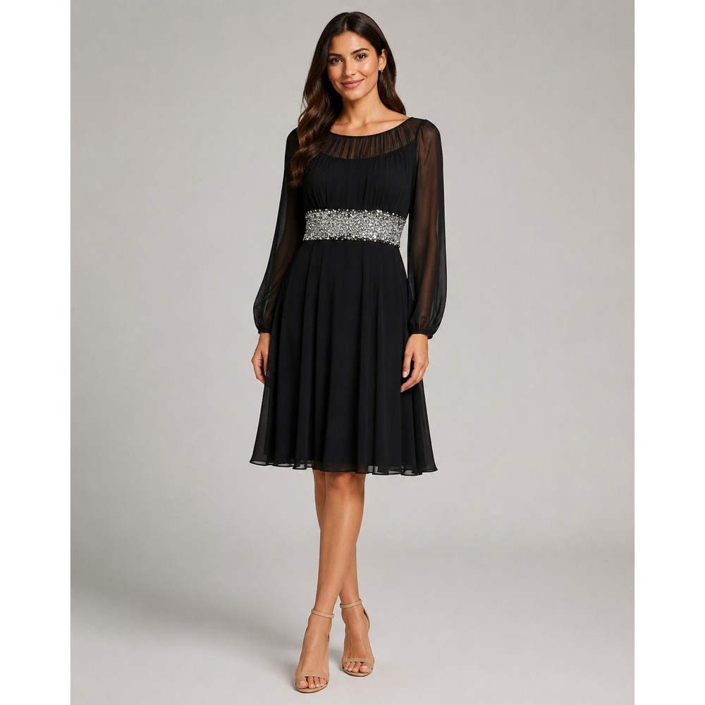 Carmen Marc Valvo Black Beaded Chiffon Cocktail Dress Sheer Sleeve Size 10‎
